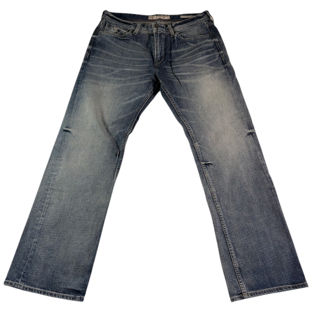 Guess Desmond Relaxed Jeans Mens 36 (37x32.5) Blue Whiskering Denim Light Wash